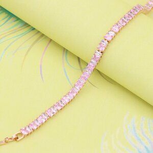 "Rose Gold Tennis Bracelet with Pink Square CZ Stones, Elegant Design, XPBL0740